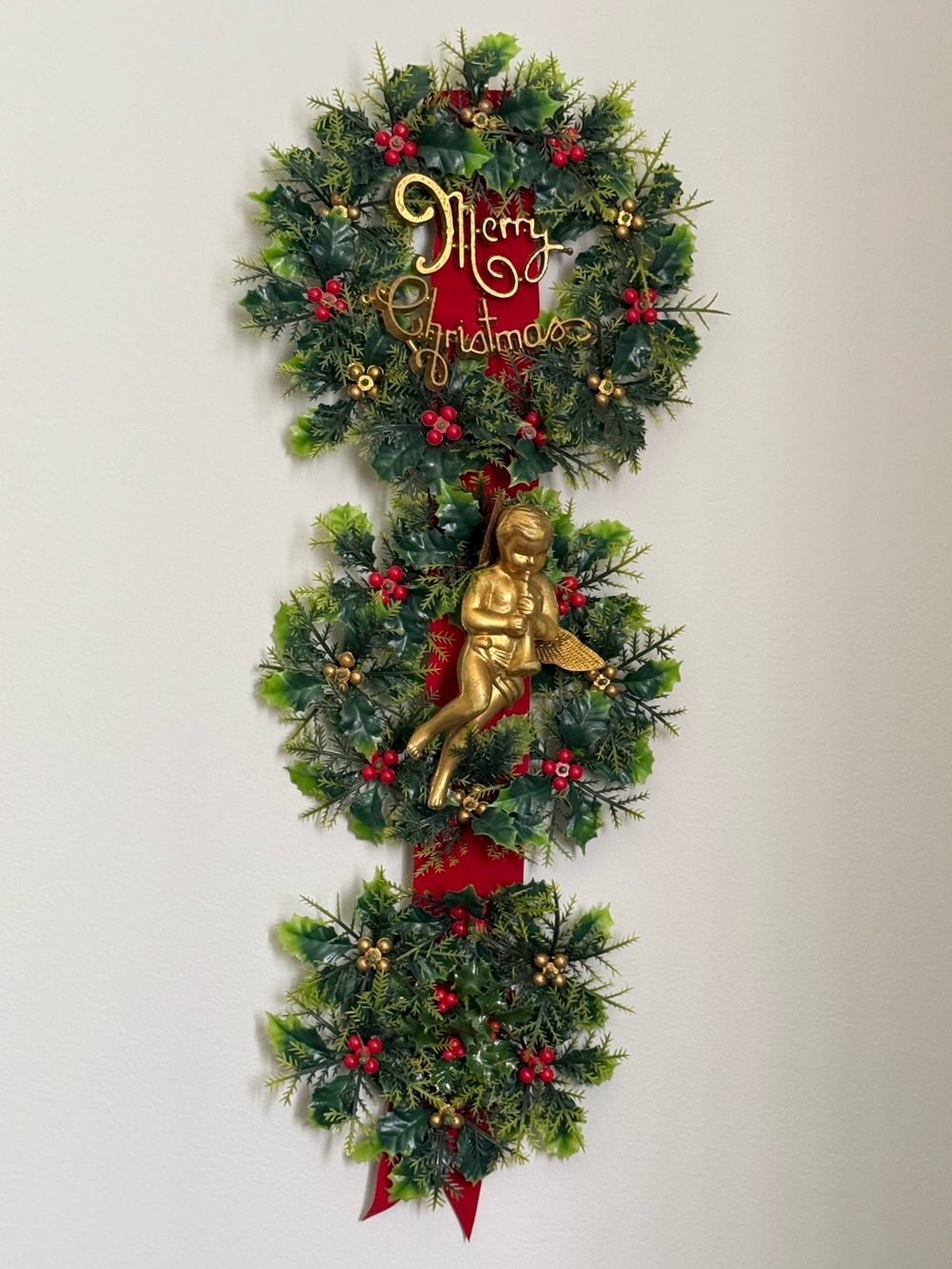 Hanging Vintage Plastic Triple Wreath Merry Christmas Flocked Ribbon Gold Cherub